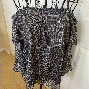 BCX JUNIOR OFF SHOULDER Ruffled layers top in leopard print. NWT SIZE MEDIUM